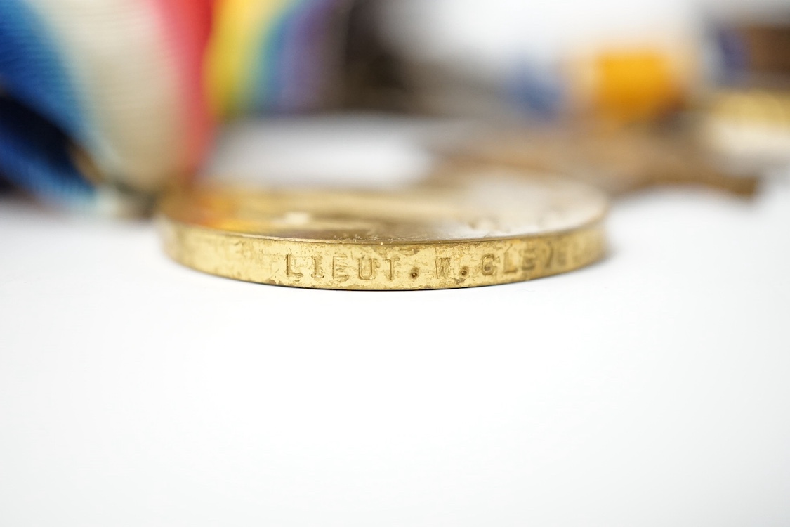 A First World War medal trio awarded to Lieut. W. Cleveland-Stevens. R.N.V.R., together with a miniature on ivory of a 19th century Captain with description to reverse, a signed military coloured engraving, a paper knife